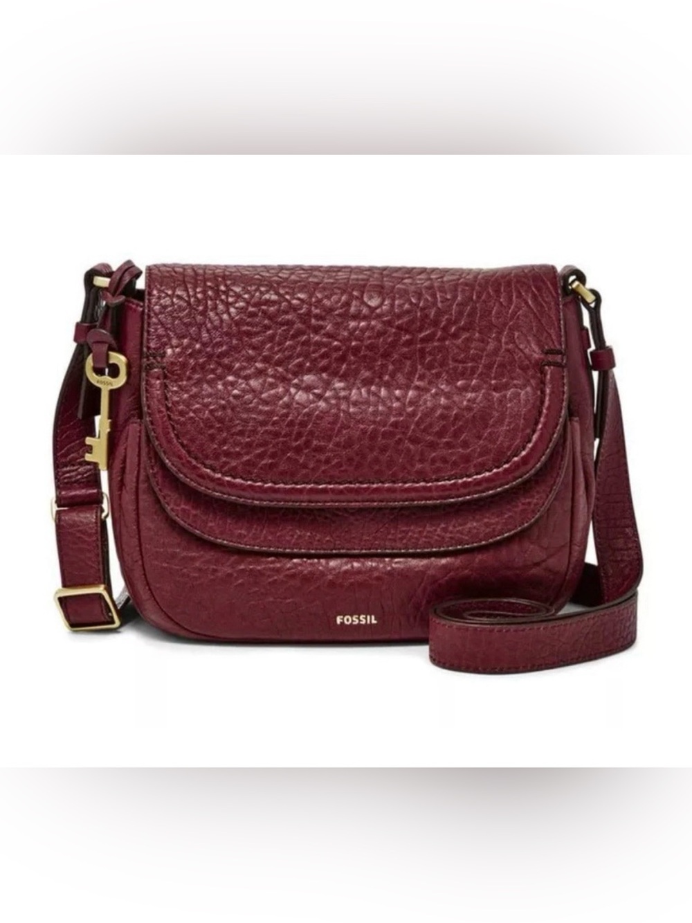 Fossil Peyton Double Flap Crossbody Bag burgundy wine-colored pebbled leather